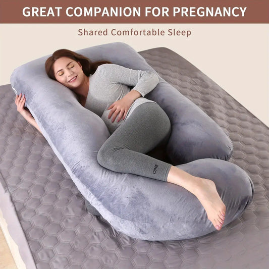 U-shaped full body pillow grey for side sleepers with pregnant model relaxing on bed on Tampa Home & Garden Store