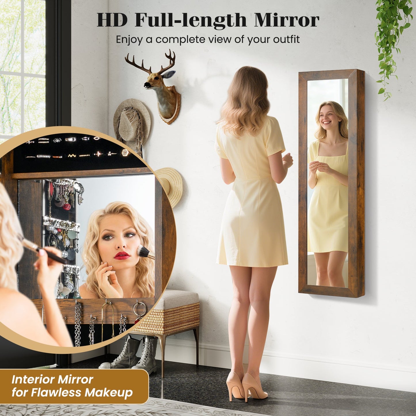 Jewelry armoire cabinet wall mounted with wood frame and full-length mirror by DirectDeals on Tampa Home & Garden Store