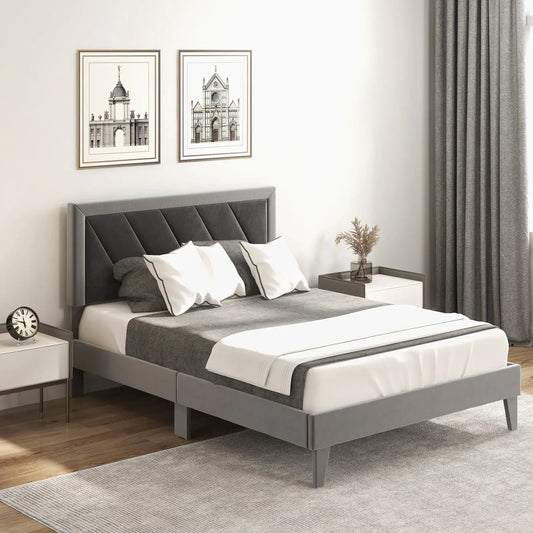Twin/Full/Queen platform bed in gray plush velvet with a dark gray upholstered headboard on Tampa Home & Garden Store