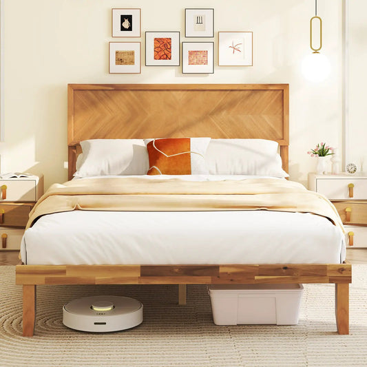 Full-size wooden bed frame with headboard, natural wood finish, and under-bed storage on Tampa Home & Garden Store