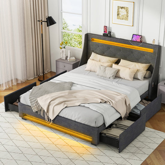 Full Size Bed Frame with LED Lights Wingback Headboard and Charging Station-Grey - Tampa Home & Garden Store