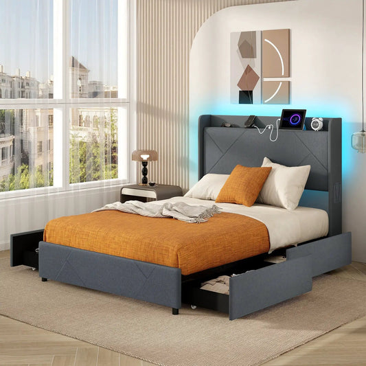Full queen bed frame with LED lighting and built-in USB charging, gray upholstered on Tampa Home & Garden Store