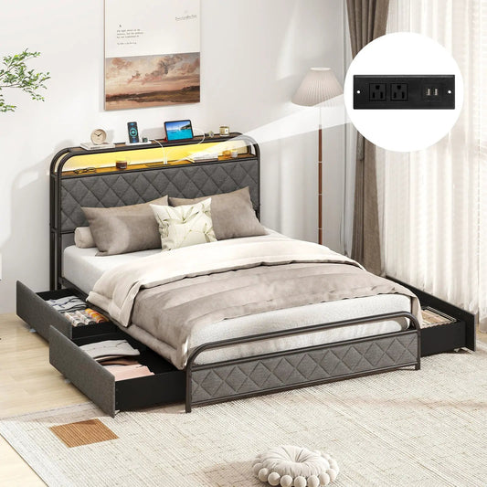 Dark gray platform bed frame with tufted headboard, LED light strip, charging station on Tampa Home & Garden Store