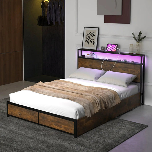 Full/Queen bed frame with wood finish, black metal edges and smart purple LED lighting on Tampa Home & Garden Store