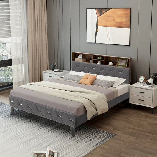 Full/Queen upholstered bed frame with storage and tufted gray headboard, includes 2 nightstands on Tampa Home & Garden Store