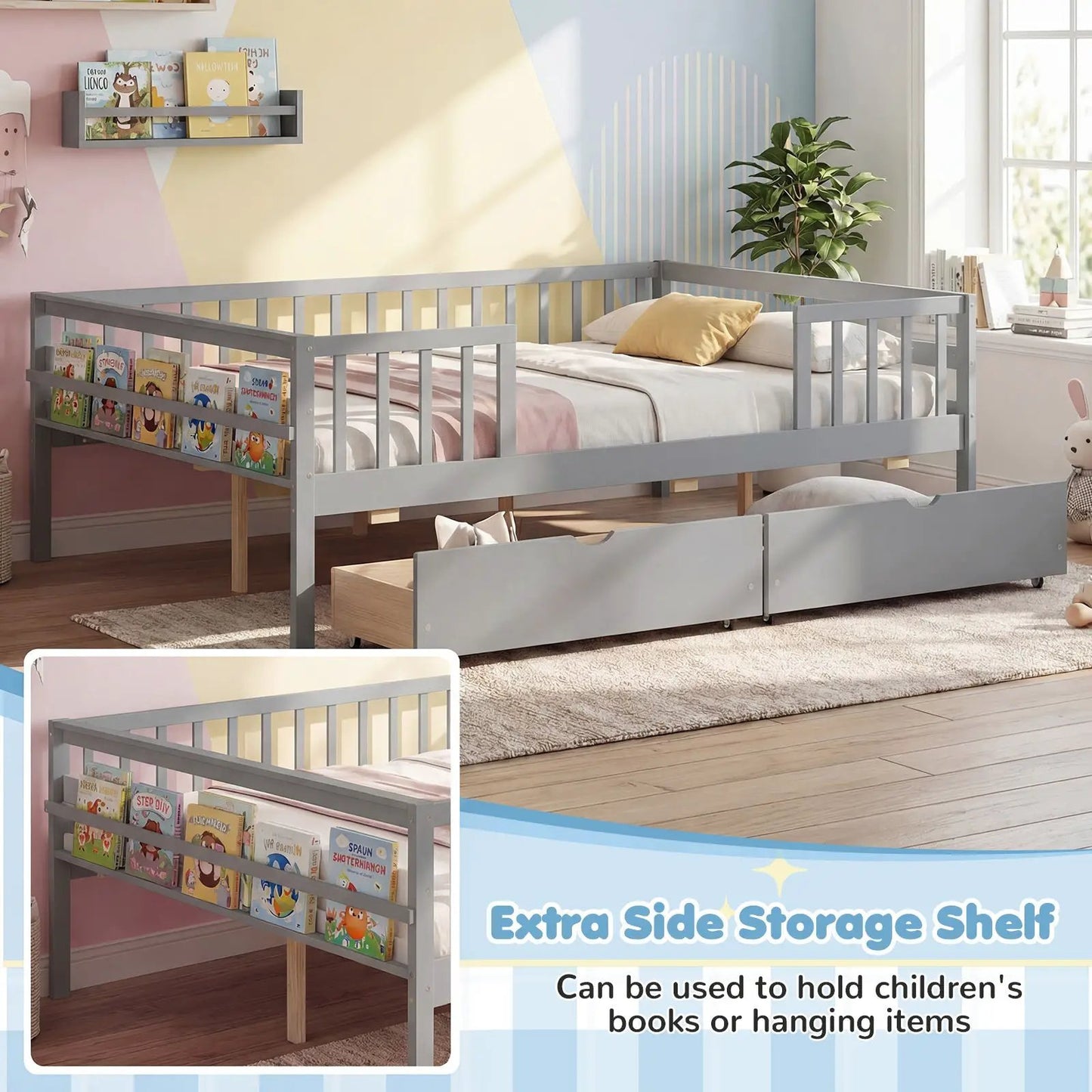 Full size grey daybed with fence rails and 2 under-bed drawers for kids room DirectDeals on Tampa Home & Garden Store