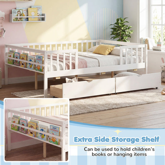 Full Size Daybed with Fence and 2 Drawers for Boys and Girls - Tampa Home & Garden Store