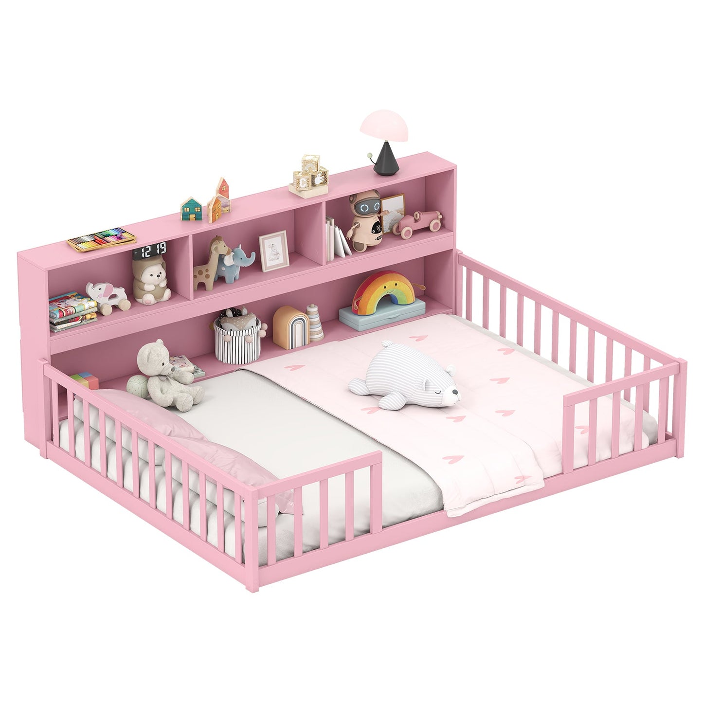 Cama Montessori de piso tamaño completo con estantería - Gris