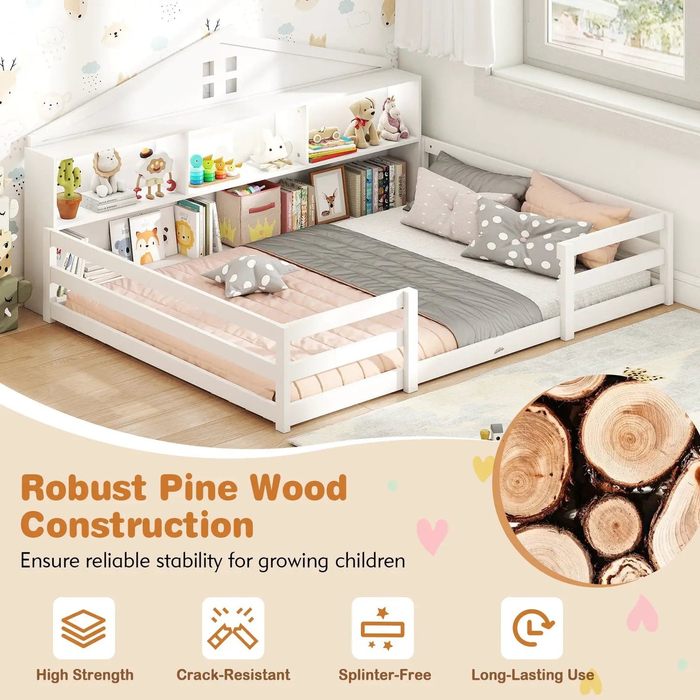 Full-size Montessori floor bed with storage shelves in white pine by DirectDeals on Tampa Home & Garden Store