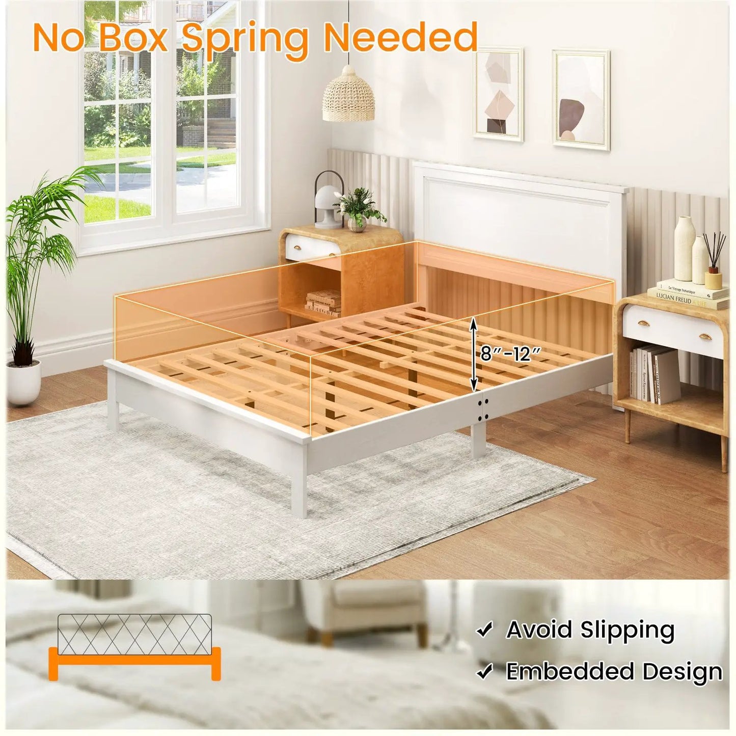 DirectDeals white full-size platform bed frame with slats and tall headboard in a bright bedroom on Tampa Home & Garden Store