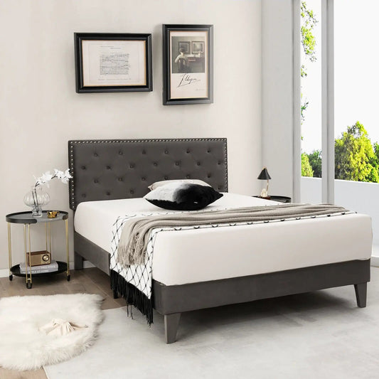 Upholstered platform bed with tufted headboard in gray fabric by DirectDeals on Tampa Home & Garden Store