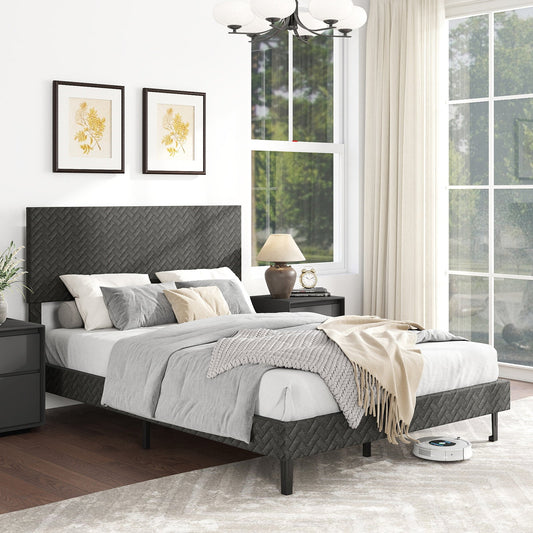 Twin/Full/Queen Size Velvet Bed Frame Upholstered Platform Bed with Chevron Headboard Gray - Tampa Home & Garden Store