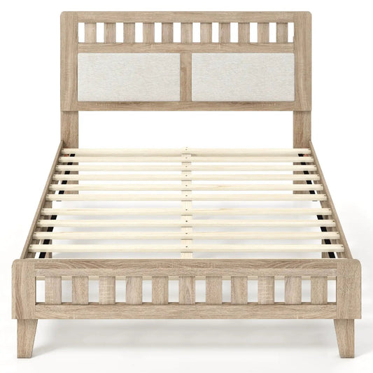 Twin Size Wood Bed Frame Upholstered Headboard