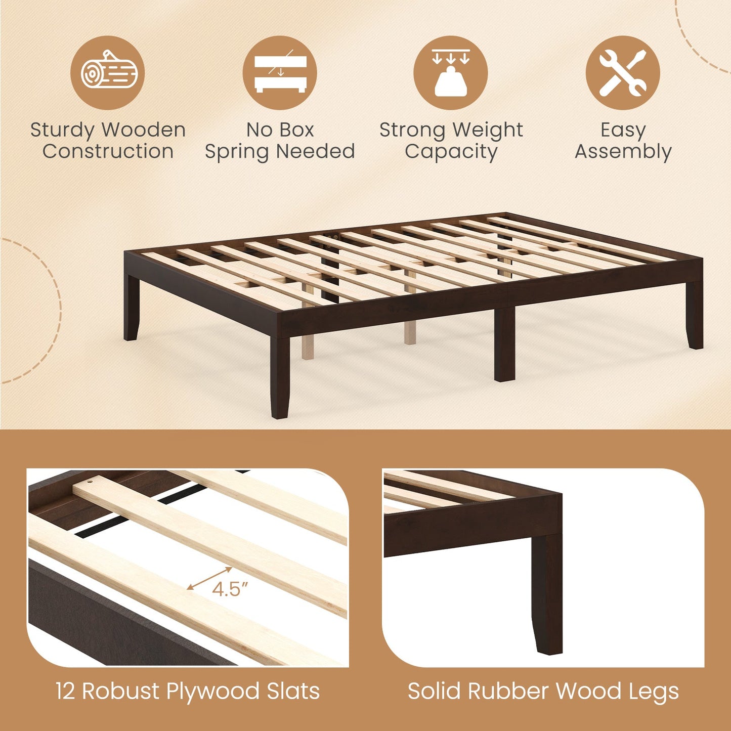 Estructura de cama de madera de tamaño completo con soporte de listones de madera y patas de madera de caucho-Espresso
