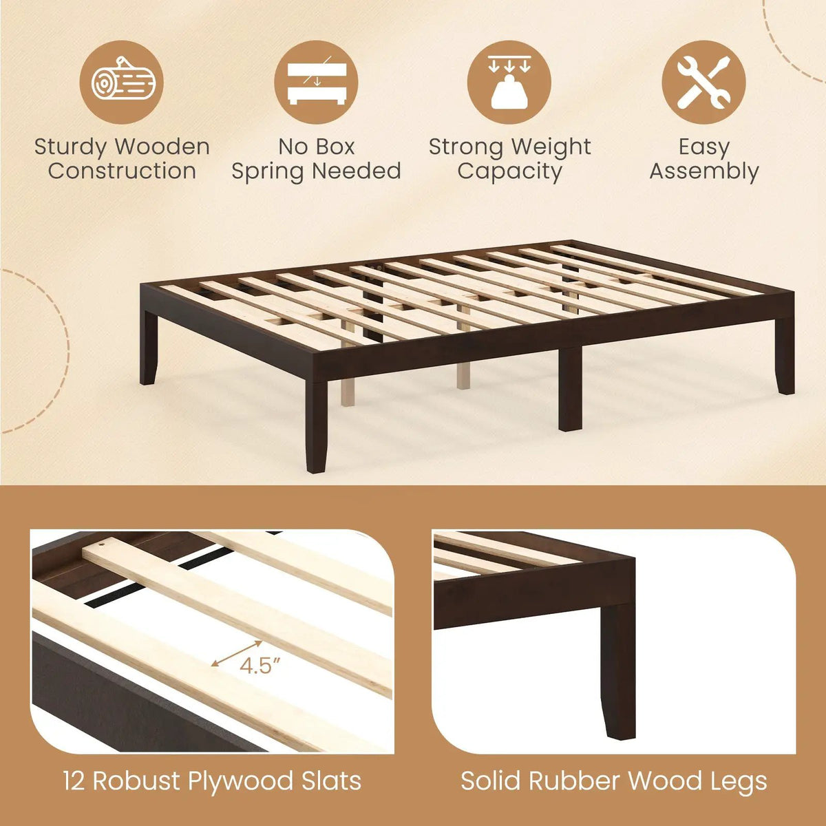 Full-size wood bed frame with 12 plywood slats and rubber wood legs espresso by DirectDeals on Tampa Home & Garden Store
