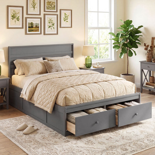 Full Size Wooden Platform Bed Frame with Storage Drawers - Tampa Home & Garden Store
