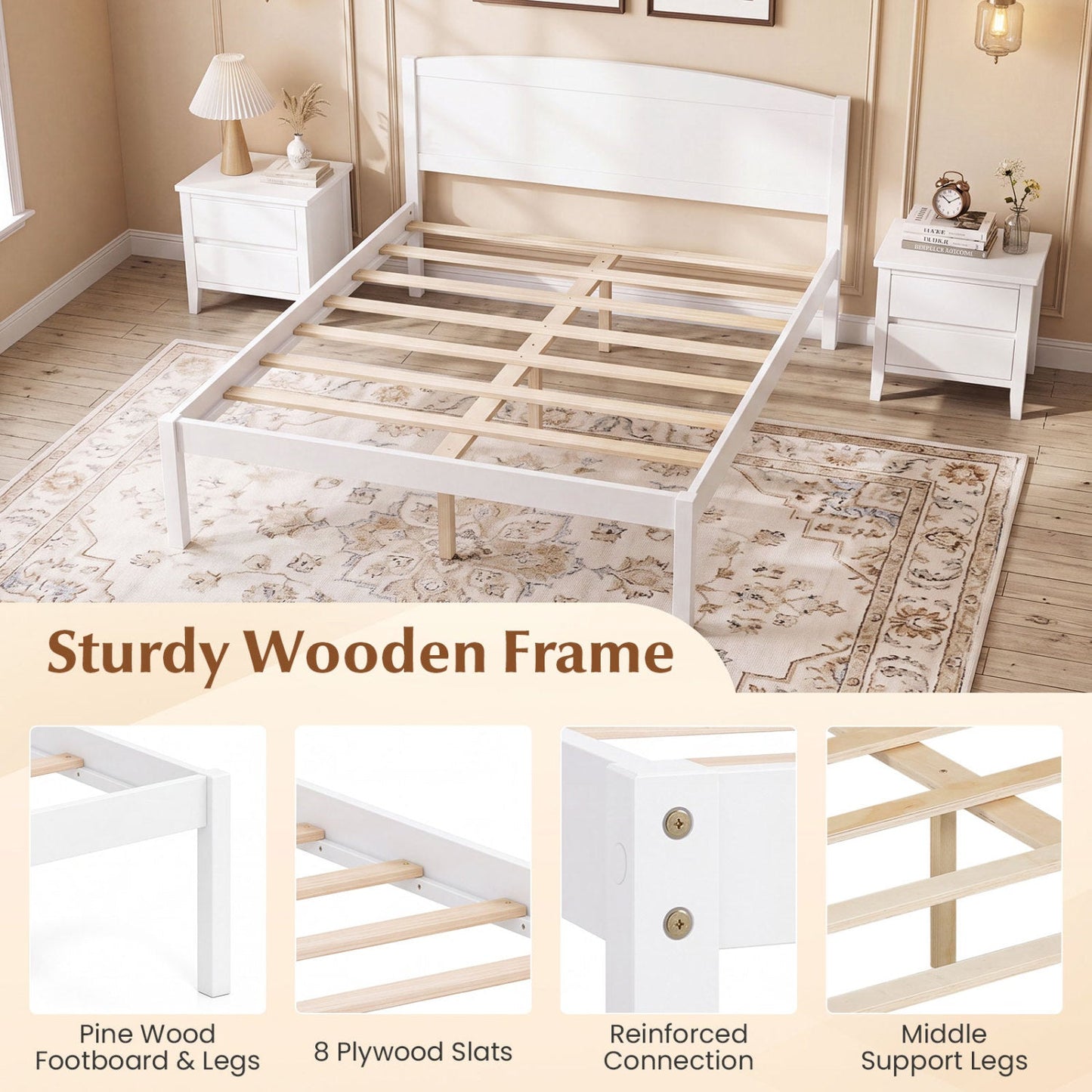Full size wooden platform bed frame with curved white headboard and slats in a clean bedroom on Tampa Home & Garden Store