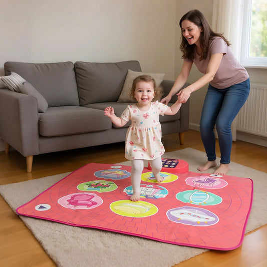 Fun Kids Dance Mat 9 Piano Sounds and 9 Songs pink mat with icons; toddler dances with caregiver on Tampa Home & Garden Store