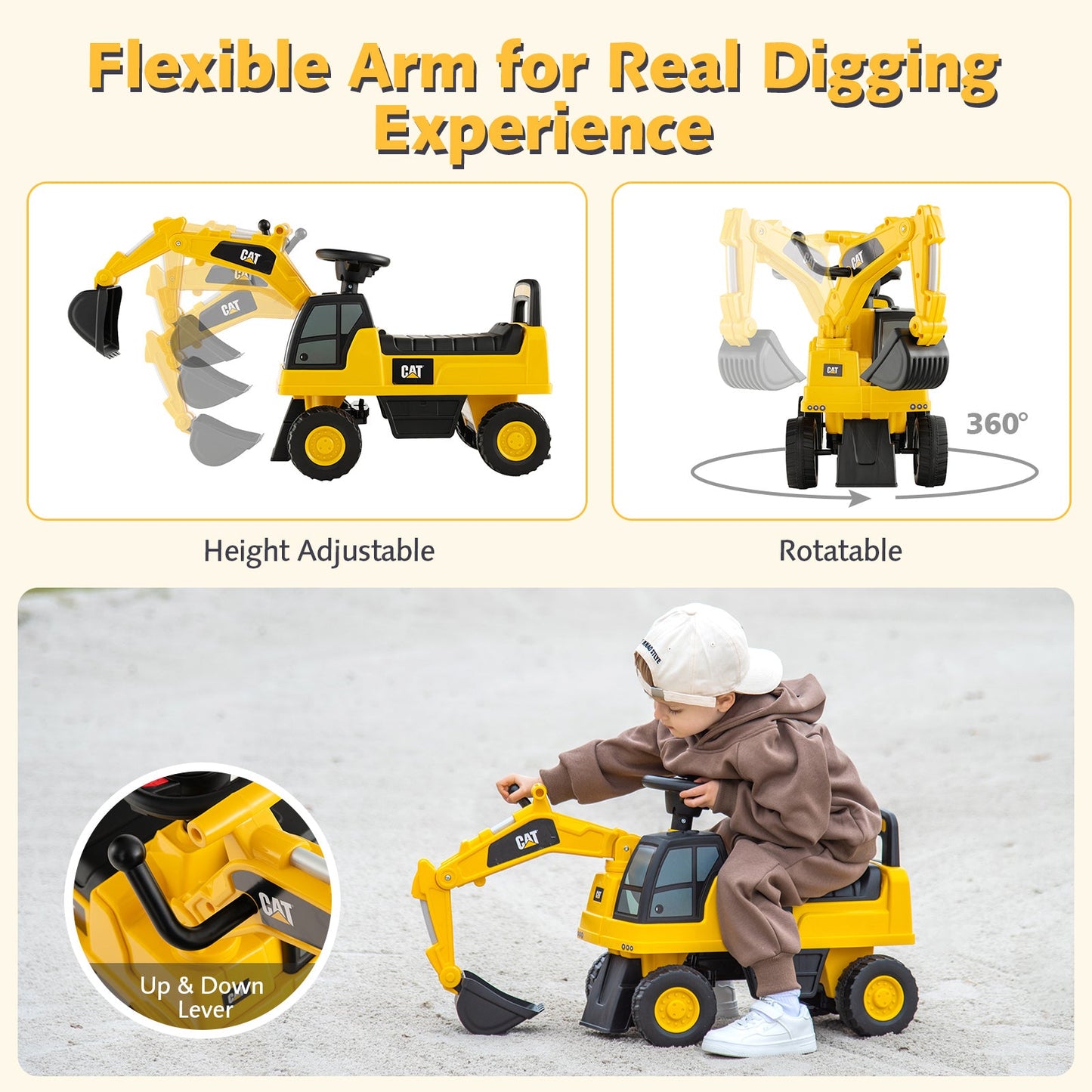 Yellow CAT licensed kids ride-on digger with bucket, black seat; 360° rotatable display on Tampa Home & Garden Store
