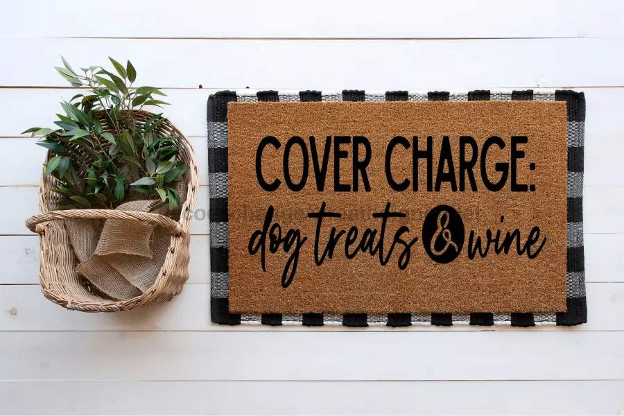 Funny dog doormat cork with black script cover charge dog treats and wine border mat on Tampa Home & Garden Store