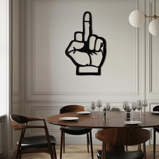 Funny middle finger metal wall art silhouette in bold black on a paneled dining room wall on Tampa Home & Garden Store