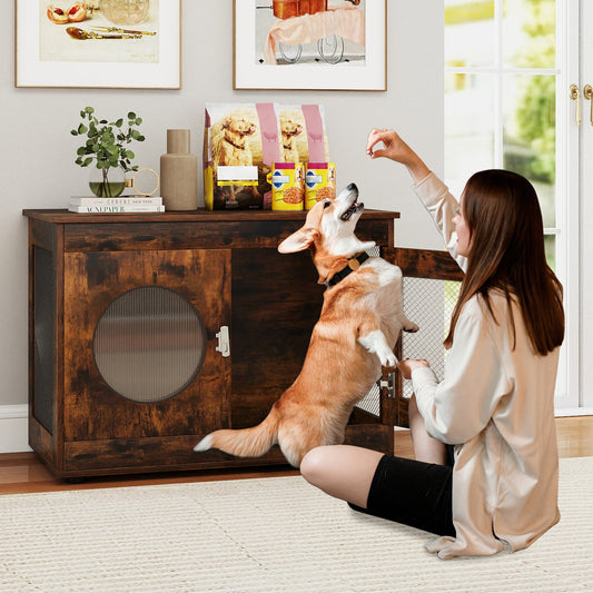 Furniture Style Dog Crate for Small and Medium Dogs with Translucent Window and Lockable Door-Rustic Brown - Tampa Home & Garden Store