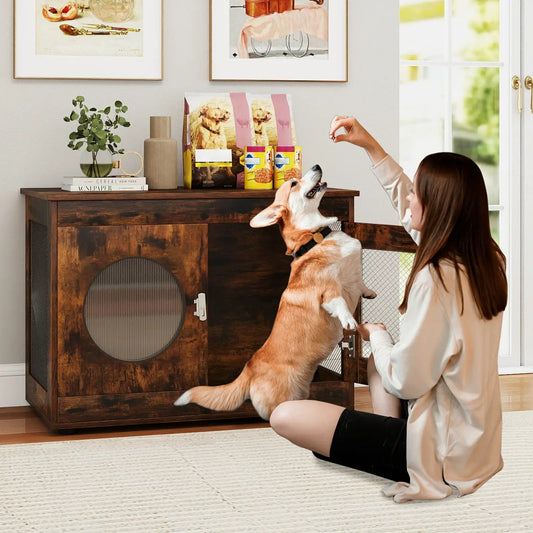 Rustic brown dog crate with translucent window panels DirectDeals furniture-style crate on Tampa Home & Garden Store