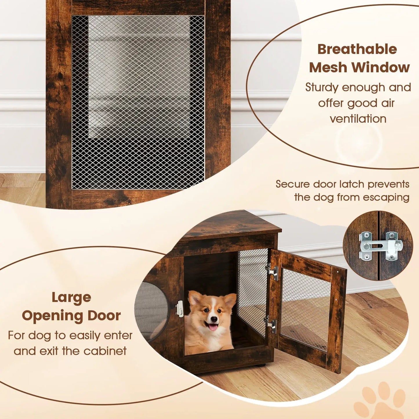 Rustic Brown Dog Crate with Translucent Mesh Window, furniture-style wooden crate with large opening door on Tampa Home & Garden Store