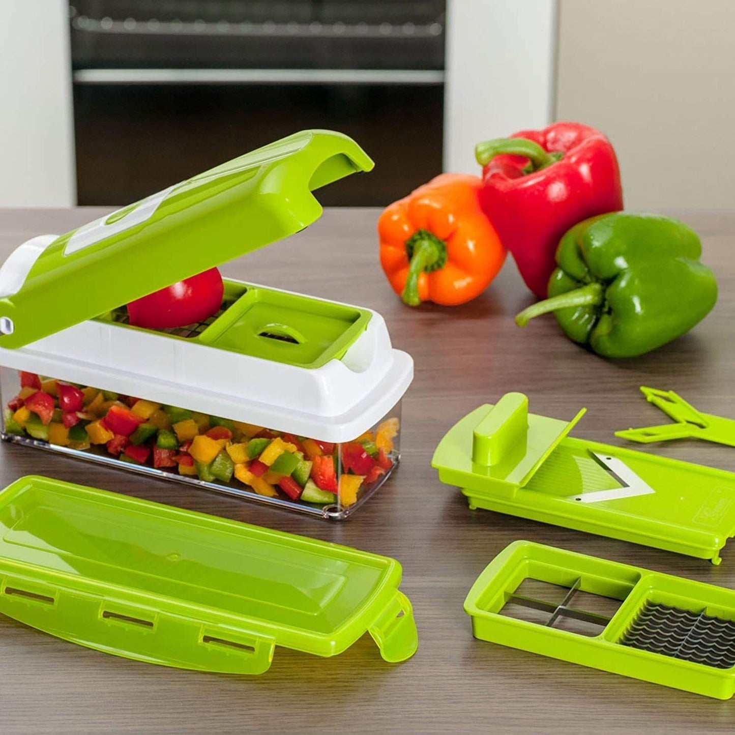 12-in-1 vegetable slicer chopper with container in lime green Moktan Sabai kitchen slicer on Tampa Home & Garden Store