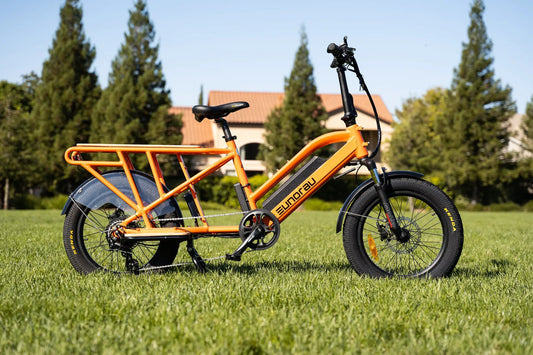 G30 Cargo electric bike orange frame with rear cargo rack and battery, EUNORAU on Tampa Home & Garden Store