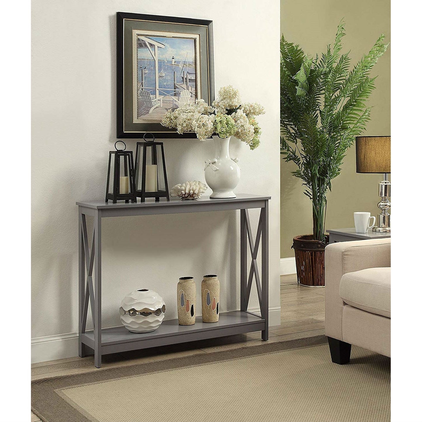 Mesa de sofá consola de madera gris con estante de almacenamiento inferior