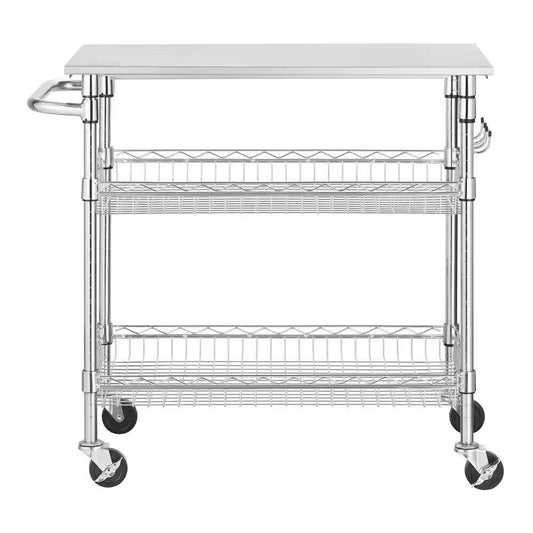Carrito de isla de cocina con superficie de acero inoxidable y 2 estantes de almacenamiento inferiores