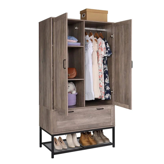 Modern grey wood 2-door wardrobe armoire with hanging rod, shelves, and lower shoe rack on Tampa Home & Garden Store