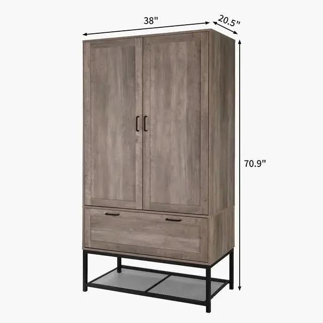 Modern 2-Door Bedroom Wardrobe Cabinet Armoire Shoe Rack in Retro Grey Finish - Tampa Home & Garden Store