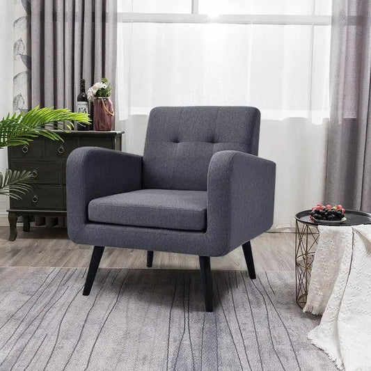 Mid-Century Modern grey linen upholstered accent chair by HomePacific with wooden legs on Tampa Home & Garden Store
