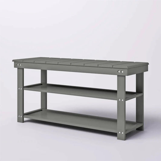 Grey Wood 2-Shelf Shoe Rack Storage Bench by HomePacific with padded top and lower shelf on Tampa Home & Garden Store