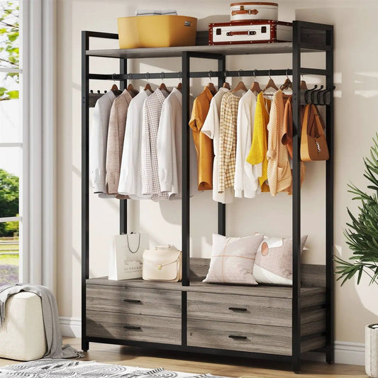 Modern Grey Garment Rack by HomePacific with black metal frame and 4-drawer grey wood base on Tampa Home & Garden Store