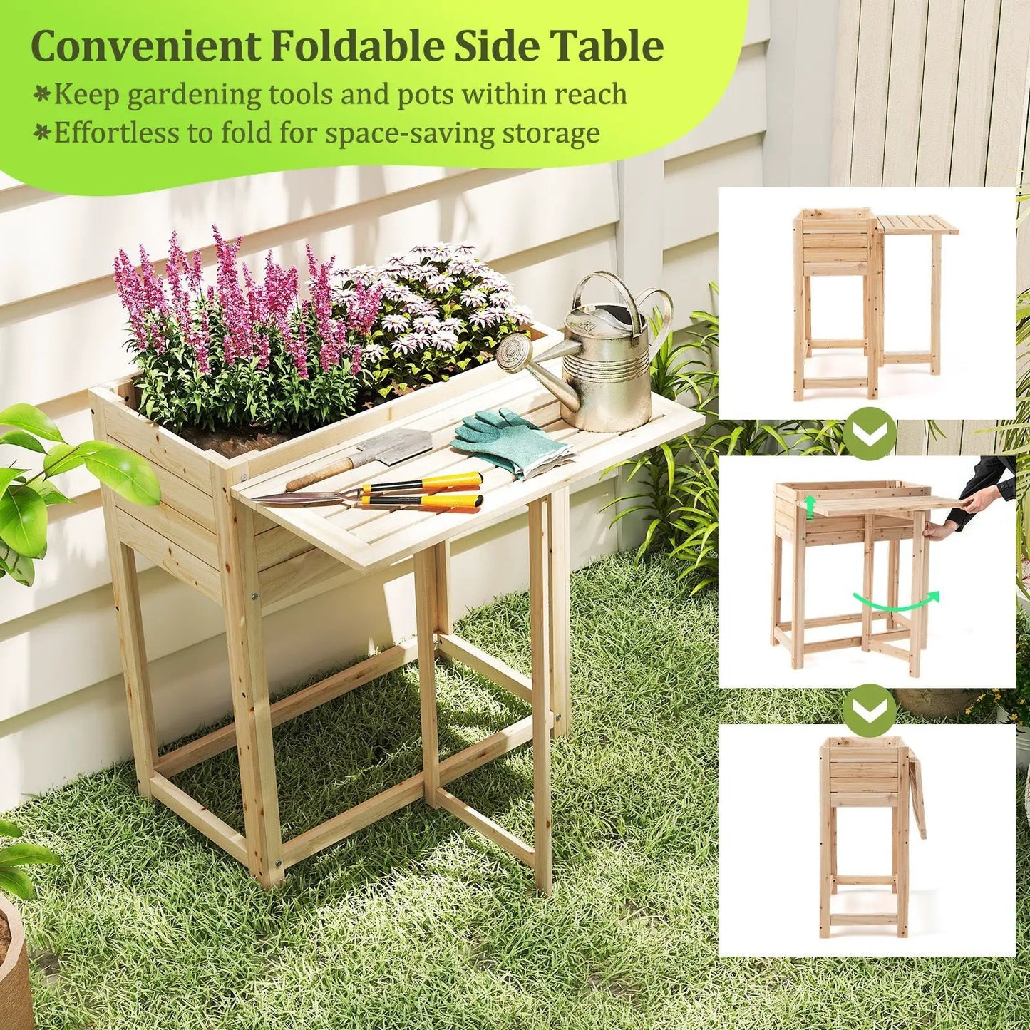 Wooden raised garden bed with legs and foldable side table in natural wood on Tampa Home & Garden Store