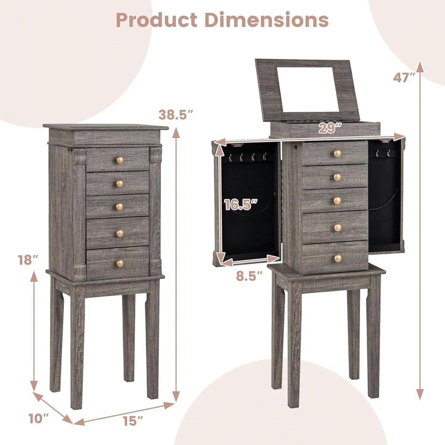 5-Drawer Jewelry Armoire Cabinet with Top Mirror in Grey Wood Finish - Tampa Home & Garden Store