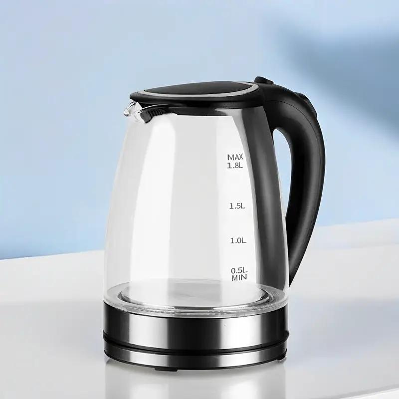 Electric glass kettle 1.8L, 1500W, cordless with black handle and LED water level marks on Tampa Home & Garden Store