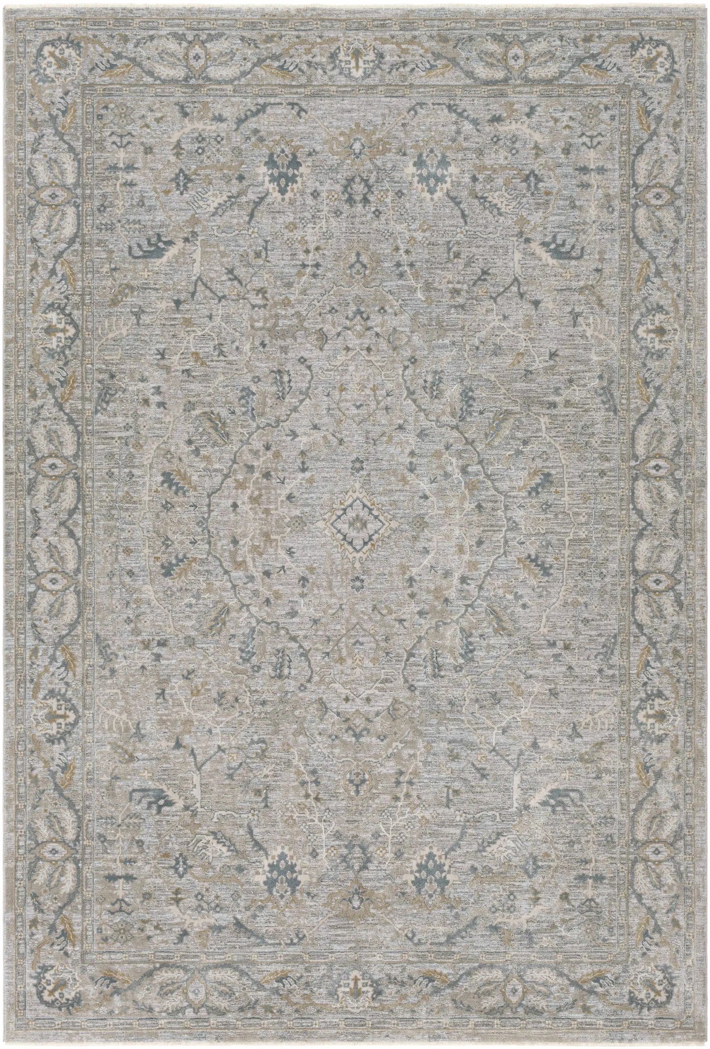 Glengarry Thick Luxe Boutique Area Rug gray-blue distressed damask with beige accents on Tampa Home & Garden Store