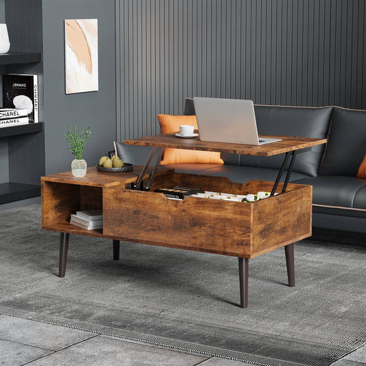 Mesa de centro elevable moderna de mediados de siglo, bandeja de TV, escritorio para laptop, acabado de madera marrón