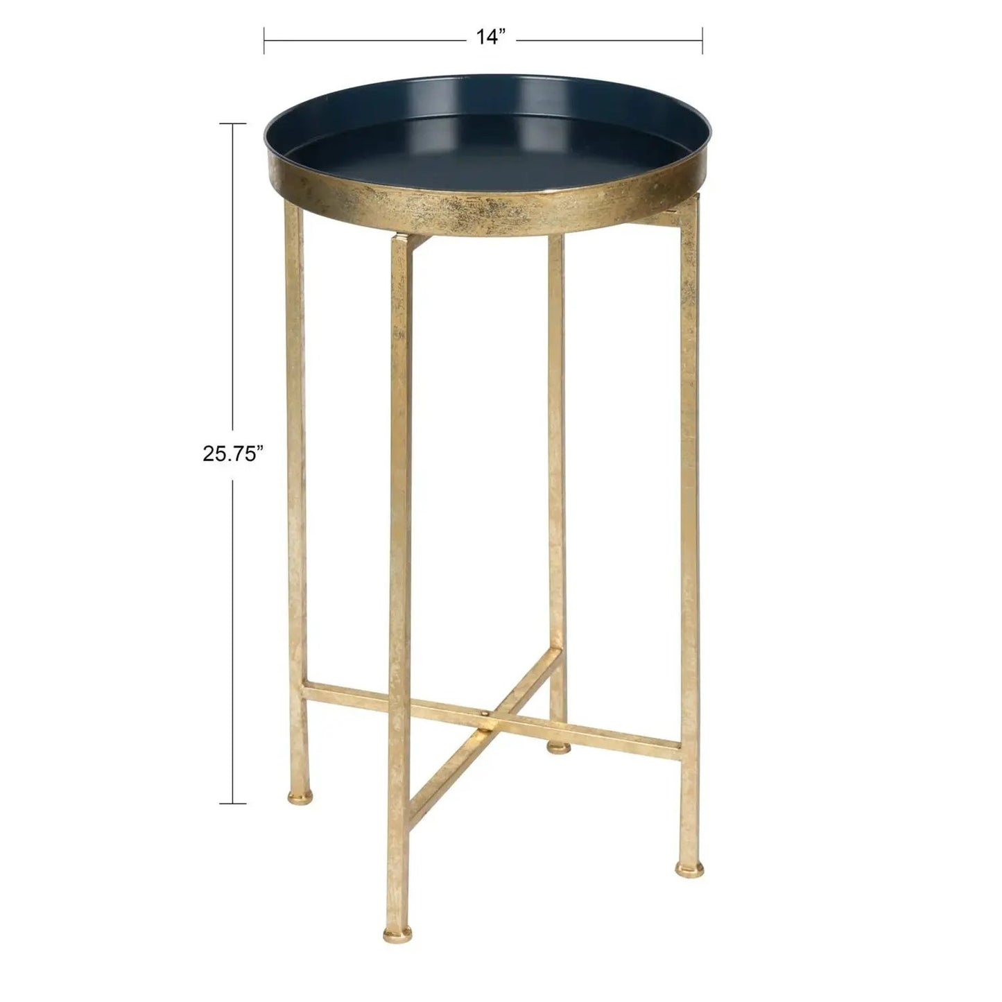 Gold finish metal round end table with navy blue tray top on Tampa Home & Garden Store
