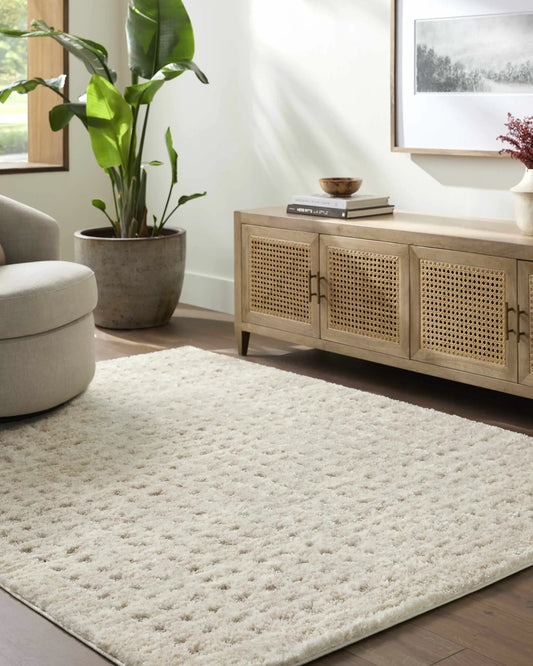 Armand Luxe Shag Rug in cream by Boutique Rugs for a cozy living room accent on Tampa Home & Garden Store