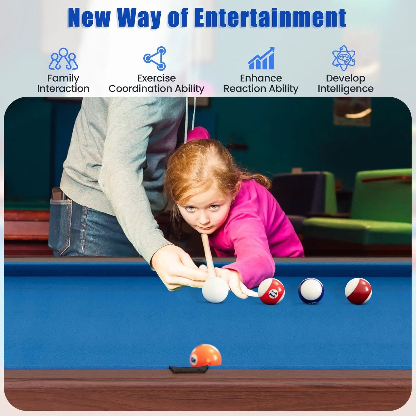 48 Inch pool table with full ball set on blue felt, DirectDeals billiard table on Tampa Home & Garden Store