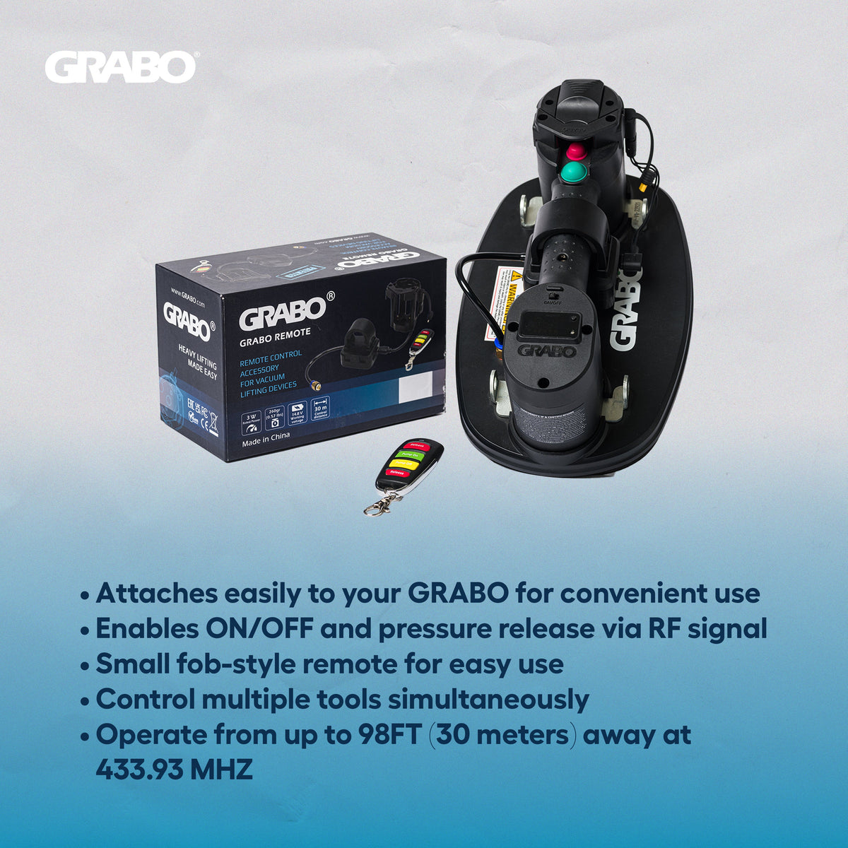 GRABO wireless remote control for suction lifter; black unit with red green yellow buttons on Tampa Home & Garden Store