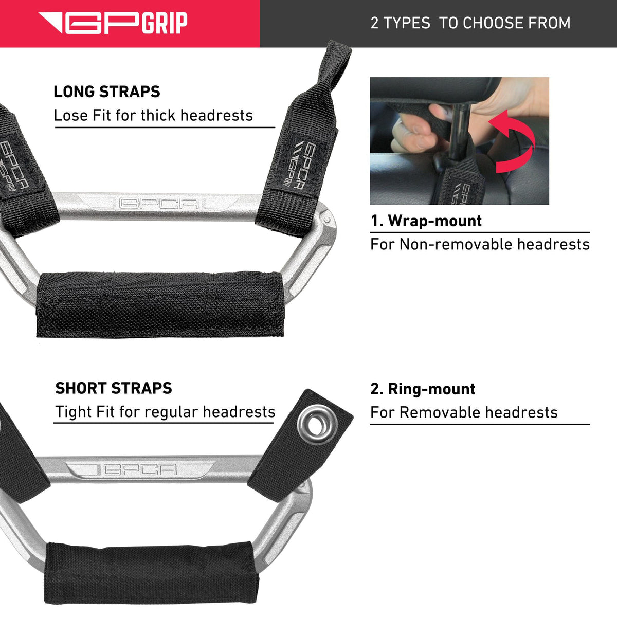 GP Back Grip PRO rear headrest handles with two long black straps, GPCA car gear on Tampa Home & Garden Store