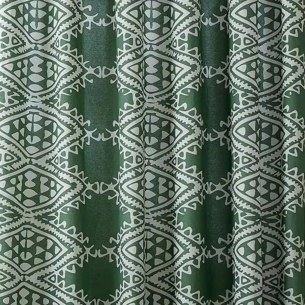 72 x 72 inch Cotton Poly Shower Curtain with Green White Geometric Motif Pattern - Tampa Home & Garden Store