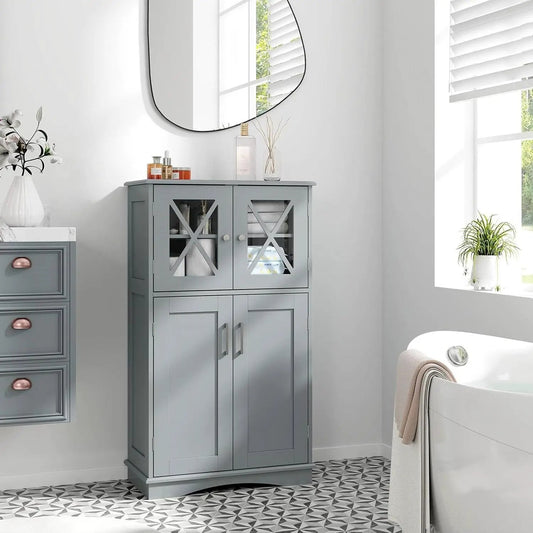 Grey bathroom towel cabinet by HomePacific with glass doors and X-pattern panels, storage on Tampa Home & Garden Store
