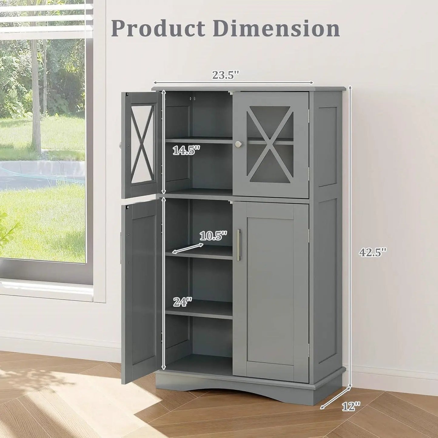 Grey Bathroom Towel Linen Cabinet with Glass Doors and Storage Shelves - Tampa Home & Garden Store